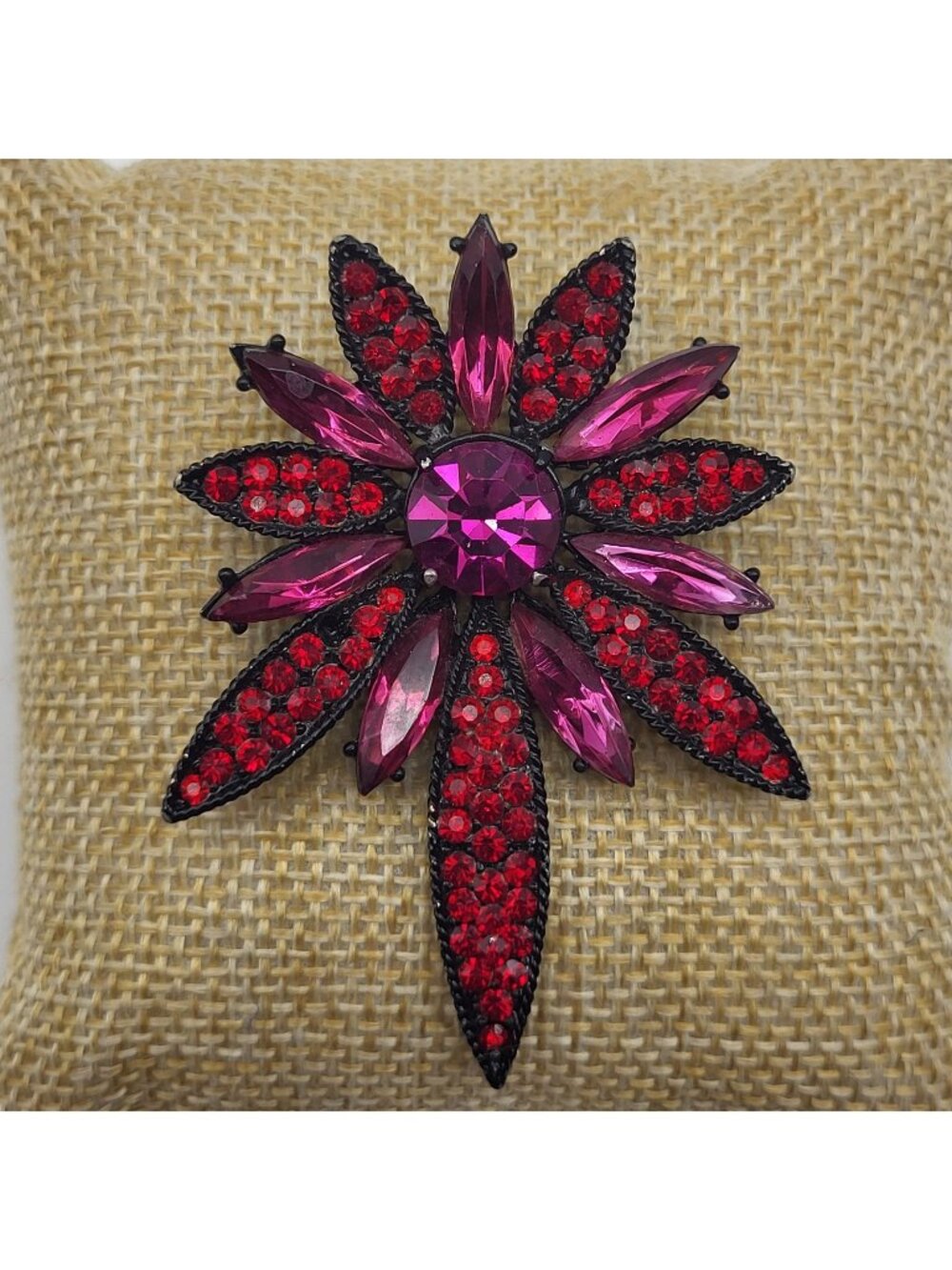 VTG Hollycraft Atomic Sunburst Star Brooch pin pink red black enamel bold